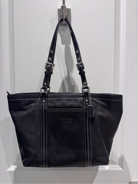 Coach Black Leather Tote with White Contrast Stitching